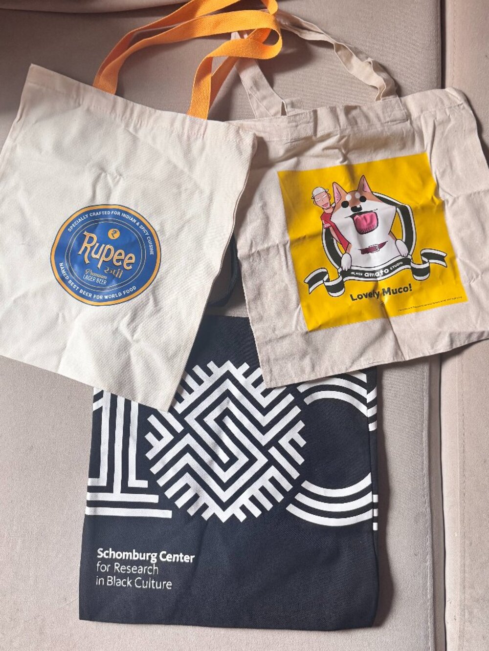 Set of 3 Reusable Canvas Tote Bags - Lovely Muco, Rupee Beer, Schomberg Center